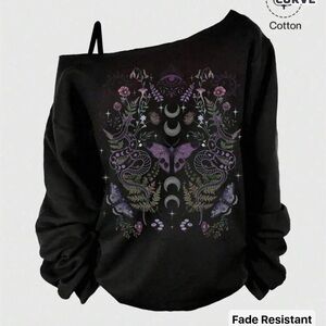 Plus Size Black Off-Shoulder Sweatshirt with Purple Graphic